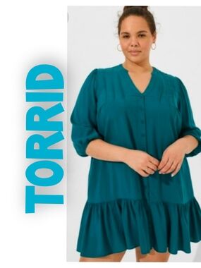 TORRID Teal V-Neck Button-Front Peasant Mini Dress Size 3